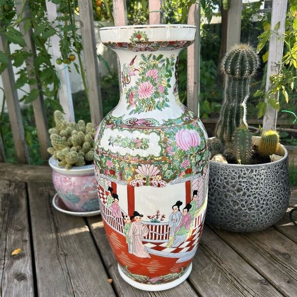 Large Antique Famille Rose Porcelain Vase Chinese Floral Figural Birds 18.5 Inch - Picture 7 of 16